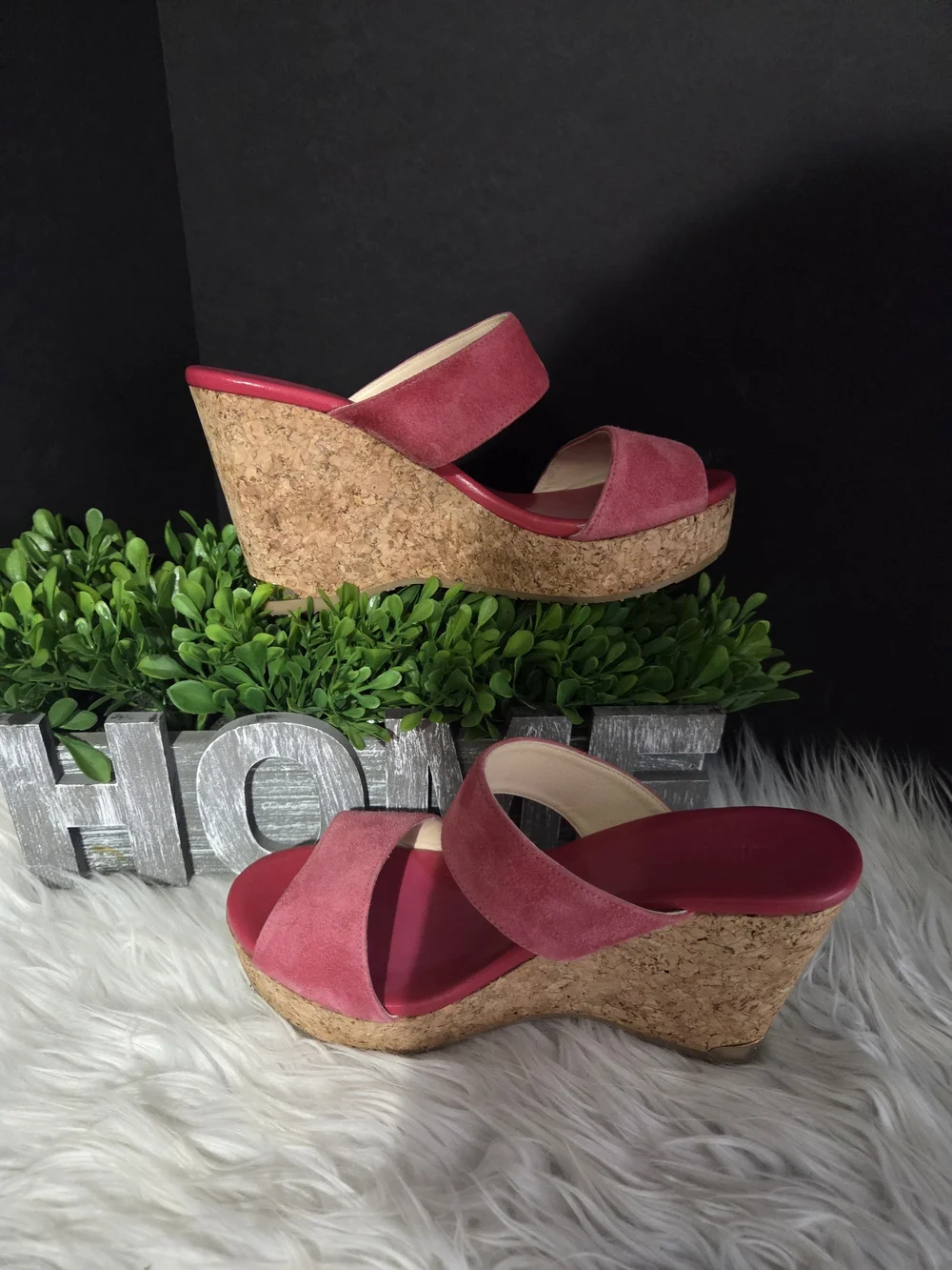 Jimmy Choo Pink Suede Cork Wedge Slide Sandals. Size 7.5, (37.5) women